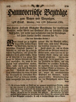 Hannoverische Beyträge zum Nutzen und Vergnügen (Hannoversche Anzeigen) Montag 15. Februar 1762