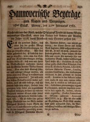 Hannoverische Beyträge zum Nutzen und Vergnügen (Hannoversche Anzeigen) Montag 22. Februar 1762