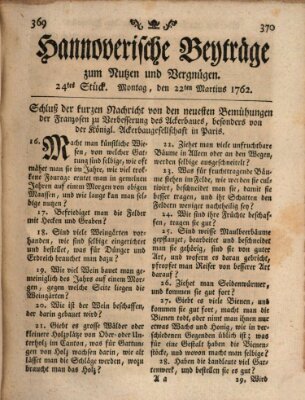 Hannoverische Beyträge zum Nutzen und Vergnügen (Hannoversche Anzeigen) Montag 22. März 1762