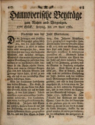 Hannoverische Beyträge zum Nutzen und Vergnügen (Hannoversche Anzeigen) Freitag 2. April 1762