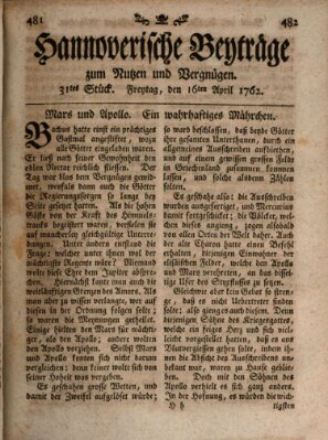 Hannoverische Beyträge zum Nutzen und Vergnügen (Hannoversche Anzeigen) Freitag 16. April 1762