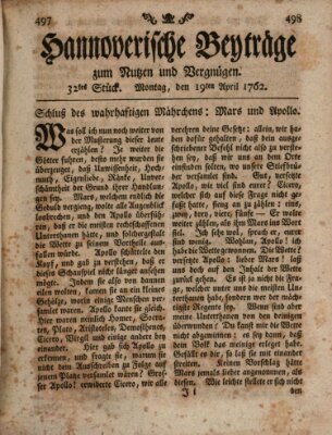 Hannoverische Beyträge zum Nutzen und Vergnügen (Hannoversche Anzeigen) Montag 19. April 1762