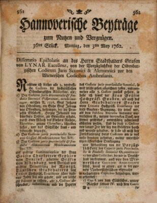 Hannoverische Beyträge zum Nutzen und Vergnügen (Hannoversche Anzeigen) Montag 3. Mai 1762