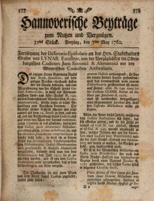 Hannoverische Beyträge zum Nutzen und Vergnügen (Hannoversche Anzeigen) Freitag 7. Mai 1762