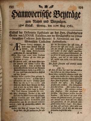 Hannoverische Beyträge zum Nutzen und Vergnügen (Hannoversche Anzeigen) Montag 10. Mai 1762