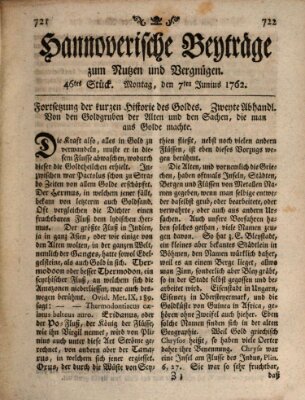 Hannoverische Beyträge zum Nutzen und Vergnügen (Hannoversche Anzeigen) Montag 7. Juni 1762