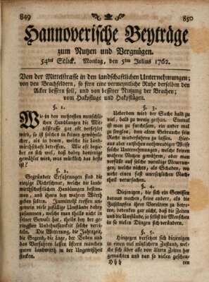 Hannoverische Beyträge zum Nutzen und Vergnügen (Hannoversche Anzeigen) Montag 5. Juli 1762