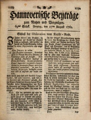 Hannoverische Beyträge zum Nutzen und Vergnügen (Hannoversche Anzeigen) Freitag 27. August 1762