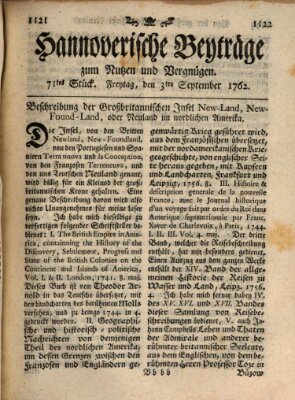 Hannoverische Beyträge zum Nutzen und Vergnügen (Hannoversche Anzeigen) Freitag 3. September 1762