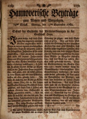 Hannoverische Beyträge zum Nutzen und Vergnügen (Hannoversche Anzeigen) Montag 13. September 1762