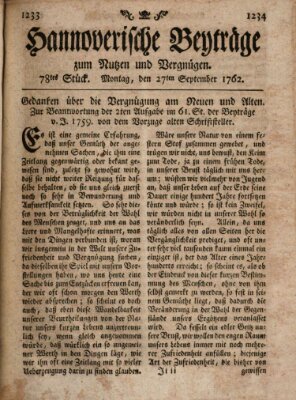 Hannoverische Beyträge zum Nutzen und Vergnügen (Hannoversche Anzeigen) Montag 27. September 1762