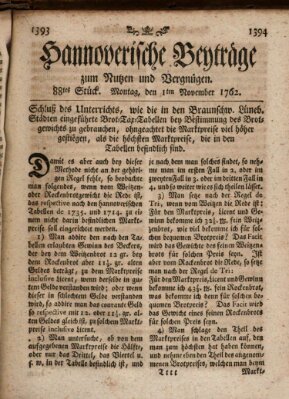 Hannoverische Beyträge zum Nutzen und Vergnügen (Hannoversche Anzeigen) Montag 1. November 1762