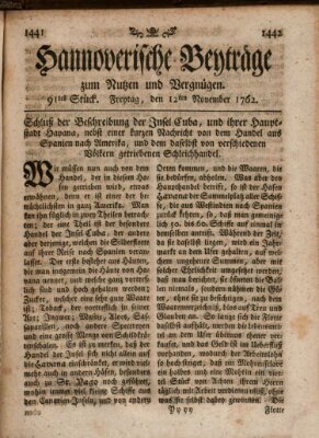 Hannoverische Beyträge zum Nutzen und Vergnügen (Hannoversche Anzeigen) Freitag 12. November 1762