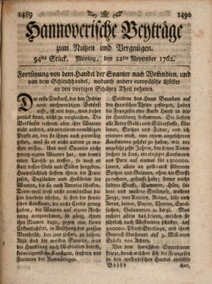 Hannoverische Beyträge zum Nutzen und Vergnügen (Hannoversche Anzeigen) Montag 22. November 1762