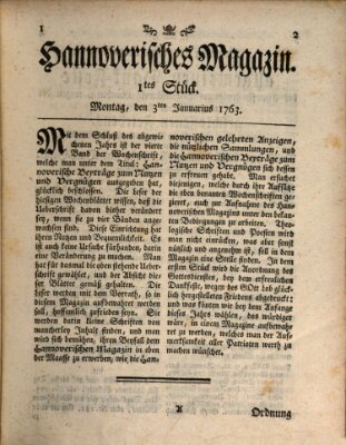 Hannoverisches Magazin (Hannoversche Anzeigen) Montag 3. Januar 1763