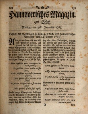 Hannoverisches Magazin (Hannoversche Anzeigen) Montag 31. Januar 1763