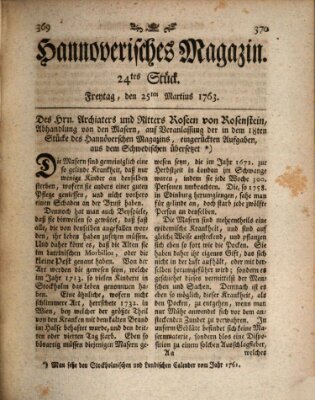 Hannoverisches Magazin (Hannoversche Anzeigen) Freitag 25. März 1763