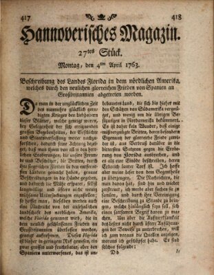 Hannoverisches Magazin (Hannoversche Anzeigen) Montag 4. April 1763