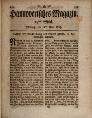 Hannoverisches Magazin (Hannoversche Anzeigen) Montag 11. April 1763