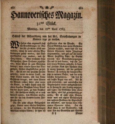 Hannoverisches Magazin (Hannoversche Anzeigen) Montag 18. April 1763