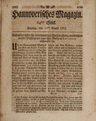 Hannoverisches Magazin (Hannoversche Anzeigen) Freitag 12. August 1763