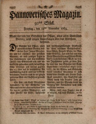 Hannoverisches Magazin (Hannoversche Anzeigen) Freitag 18. November 1763