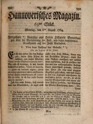 Hannoverisches Magazin (Hannoversche Anzeigen) Montag 6. August 1764