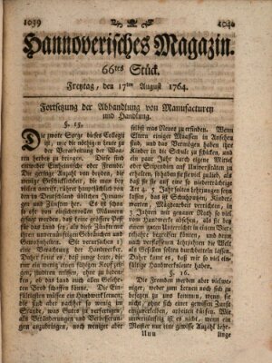 Hannoverisches Magazin (Hannoversche Anzeigen) Freitag 17. August 1764