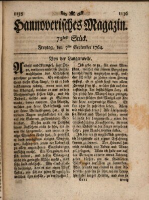 Hannoverisches Magazin (Hannoversche Anzeigen) Freitag 7. September 1764