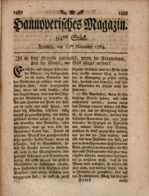 Hannoverisches Magazin (Hannoversche Anzeigen) Freitag 23. November 1764