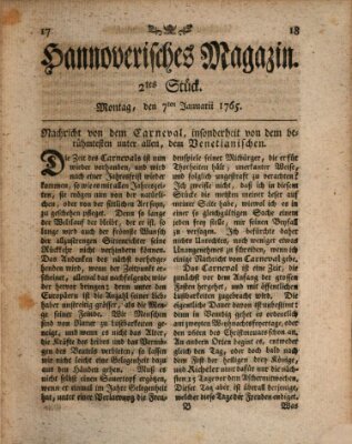 Hannoverisches Magazin (Hannoversche Anzeigen) Montag 7. Januar 1765