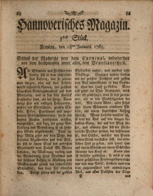 Hannoverisches Magazin (Hannoversche Anzeigen) Freitag 18. Januar 1765