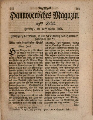 Hannoverisches Magazin (Hannoversche Anzeigen) Freitag 22. März 1765