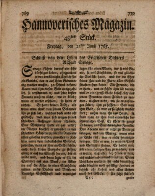 Hannoverisches Magazin (Hannoversche Anzeigen) Freitag 21. Juni 1765