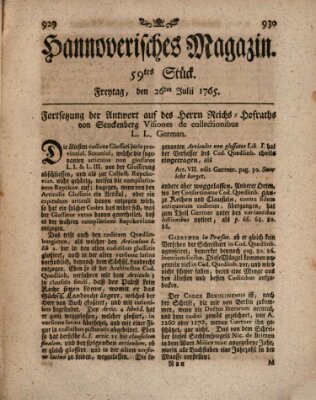 Hannoverisches Magazin (Hannoversche Anzeigen) Freitag 26. Juli 1765