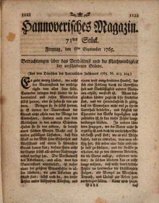 Hannoverisches Magazin (Hannoversche Anzeigen) Freitag 6. September 1765