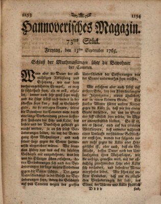 Hannoverisches Magazin (Hannoversche Anzeigen) Freitag 13. September 1765