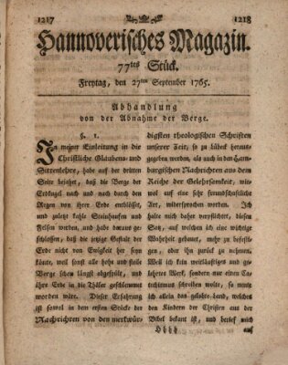 Hannoverisches Magazin (Hannoversche Anzeigen) Freitag 27. September 1765