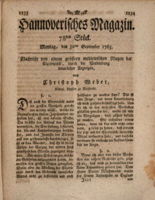 Hannoverisches Magazin (Hannoversche Anzeigen) Montag 30. September 1765