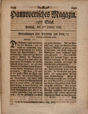 Hannoverisches Magazin (Hannoversche Anzeigen) Freitag 4. Oktober 1765