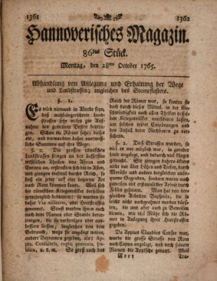 Hannoverisches Magazin (Hannoversche Anzeigen) Montag 28. Oktober 1765