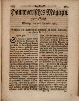 Hannoverisches Magazin (Hannoversche Anzeigen) Montag 9. Dezember 1765