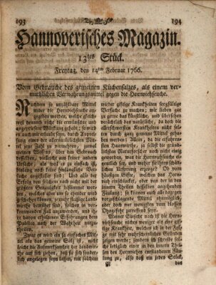 Hannoverisches Magazin (Hannoversche Anzeigen) Freitag 14. Februar 1766