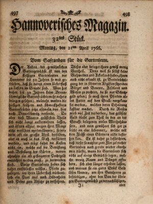 Hannoverisches Magazin (Hannoversche Anzeigen) Montag 21. April 1766