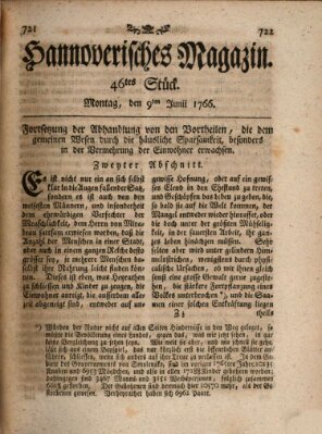 Hannoverisches Magazin (Hannoversche Anzeigen) Montag 9. Juni 1766