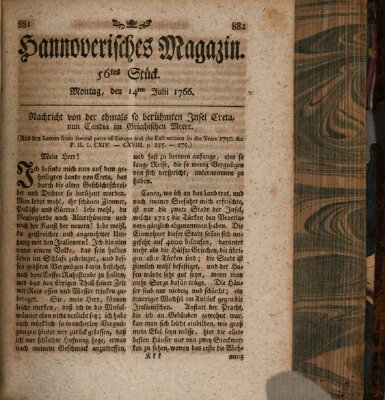 Hannoverisches Magazin (Hannoversche Anzeigen) Montag 14. Juli 1766