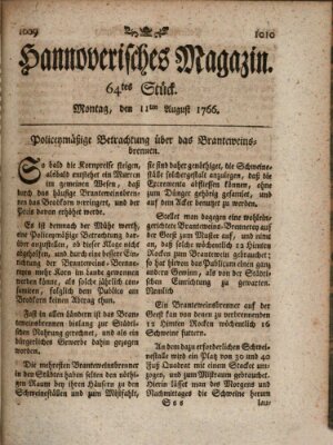 Hannoverisches Magazin (Hannoversche Anzeigen) Montag 11. August 1766