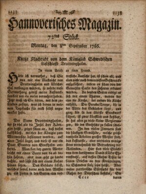 Hannoverisches Magazin (Hannoversche Anzeigen) Montag 8. September 1766