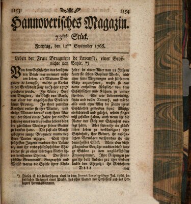 Hannoverisches Magazin (Hannoversche Anzeigen) Freitag 12. September 1766