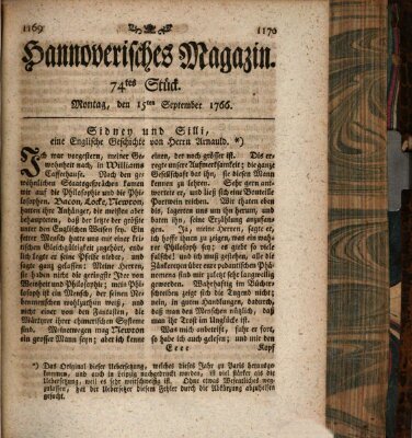 Hannoverisches Magazin (Hannoversche Anzeigen) Montag 15. September 1766